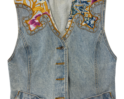 Manager Vintage Light Wash Floral Print Yoke & Stud Details Denim Vest