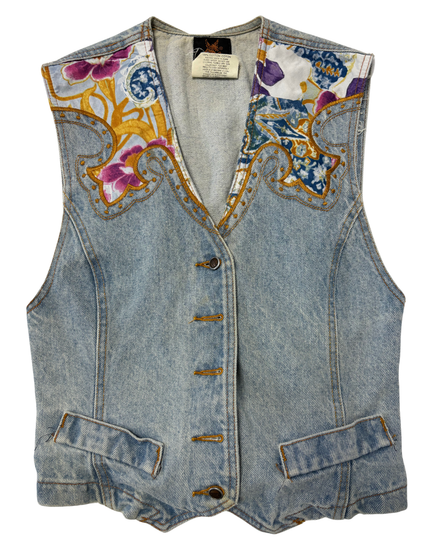Manager Vintage Light Wash Floral Print Yoke & Stud Details Denim Vest