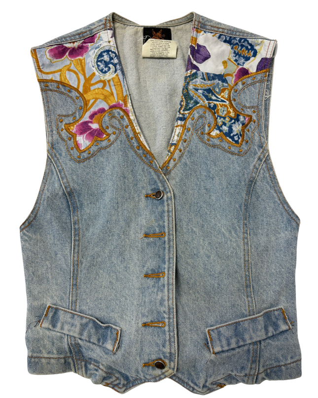 Manager Vintage Light Wash Floral Print Yoke & Stud Details Denim Vest