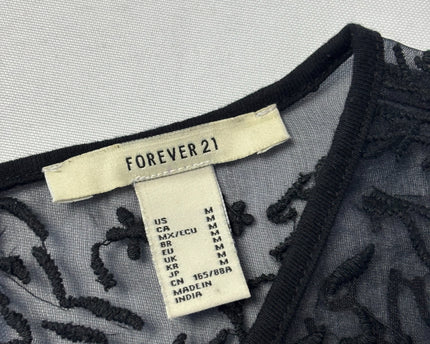 Forever 21 Black Floral Embroidered Mesh Yoke Blouse