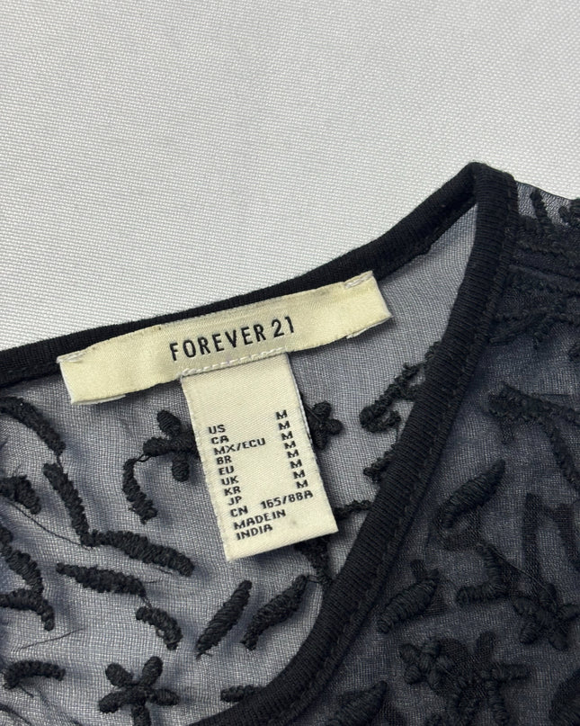 Forever 21 Black Floral Embroidered Mesh Yoke Blouse