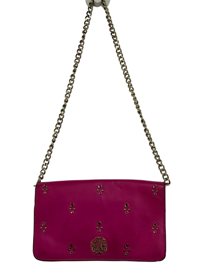 Juicy Couture Y2K Hot Pink Crystal Studs & Chain Strap Leather Flap Clutch