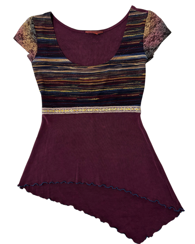 Desigual Boho Asymmetrical Purple & Multicolor Lace Sleeve Top
