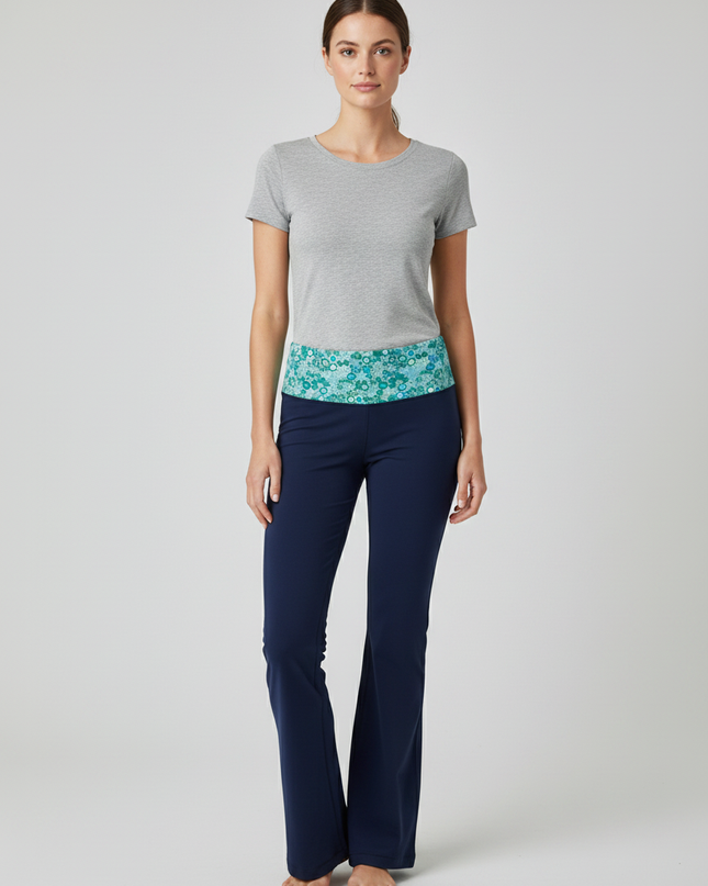 Lululemon Navy Blue Wide Leg Yoga Pants with Floral Waistband