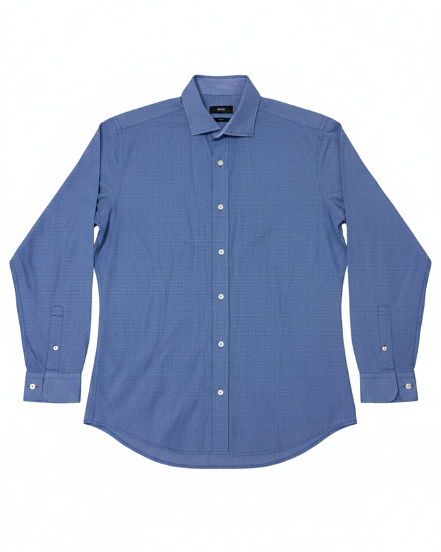 Boss Blue Slim Fit Micro-Pattern Button-Down Shirt
