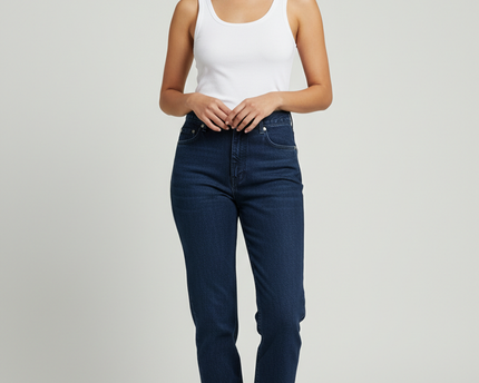 New Time Dark Blue High-Waisted Straight Leg Denim Jeans