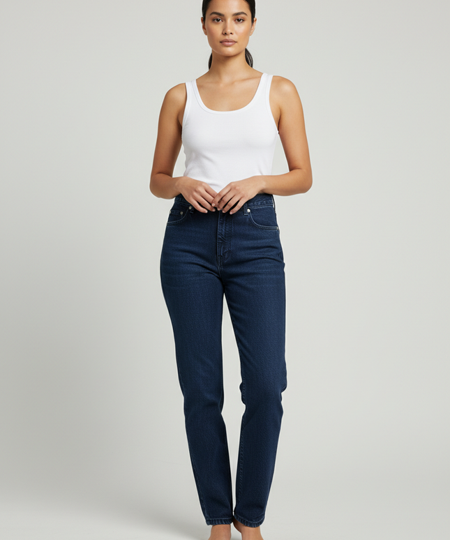 New Time Dark Blue High-Waisted Straight Leg Denim Jeans