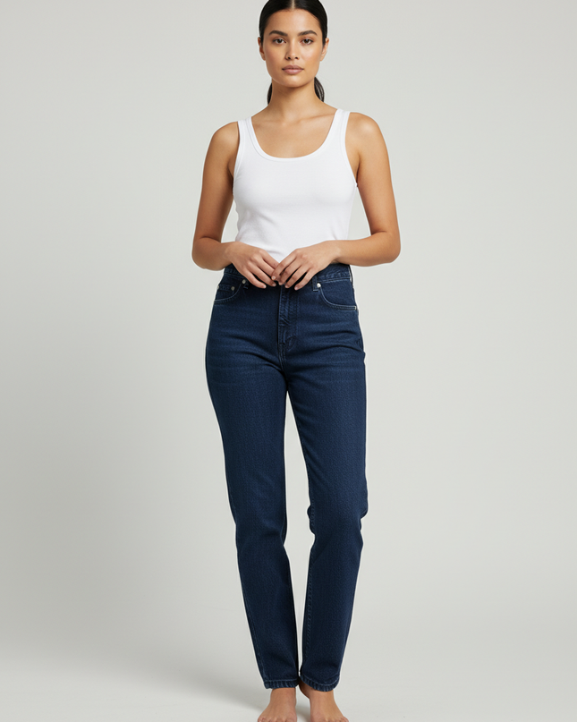New Time Dark Blue High-Waisted Straight Leg Denim Jeans
