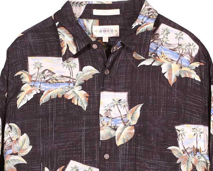 Campia Batik Bay Tropical Hawaiian Short Sleeve Button Down Black Shirt