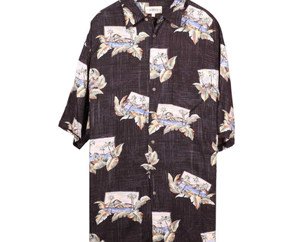 Campia Batik Bay Tropical Hawaiian Short Sleeve Button Down Black Shirt