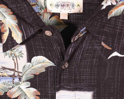 Campia Batik Bay Tropical Hawaiian Short Sleeve Button Down Black Shirt