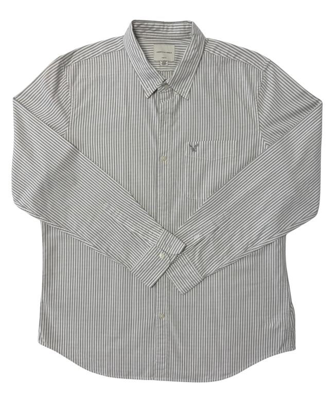American Eagle Slim Fit Gray & White Striped Oxford Shirt