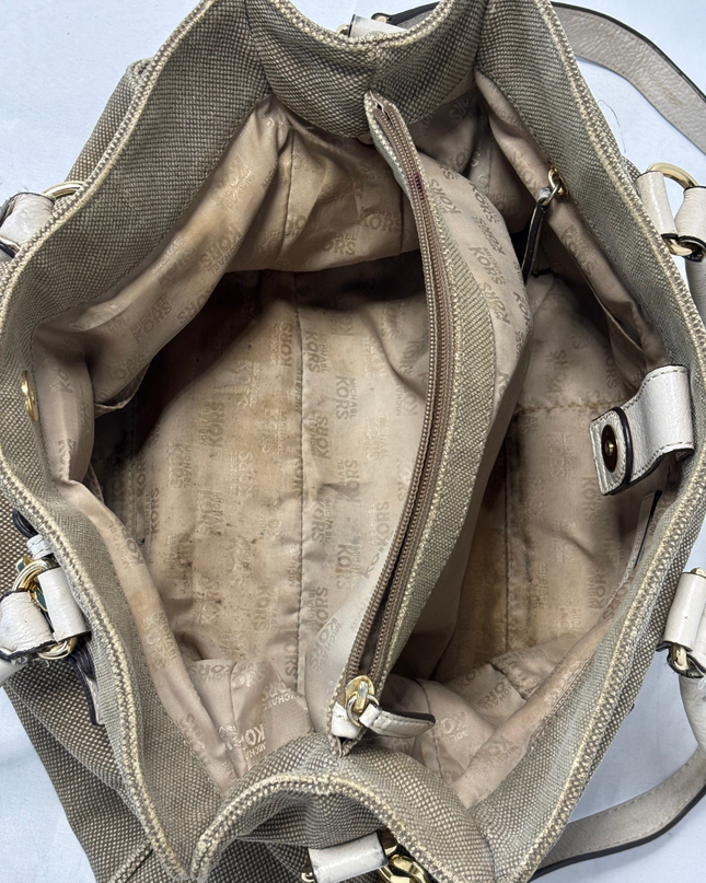 Michael Kors Khaki Canvas & Beige Leather Trim Structured Satchel Bag