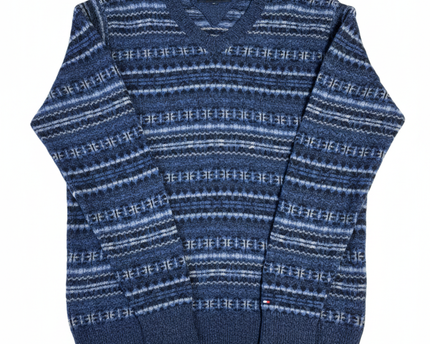 Tommy Hilfiger Blue Fair Isle Pattern V-Neck Knit Sweater