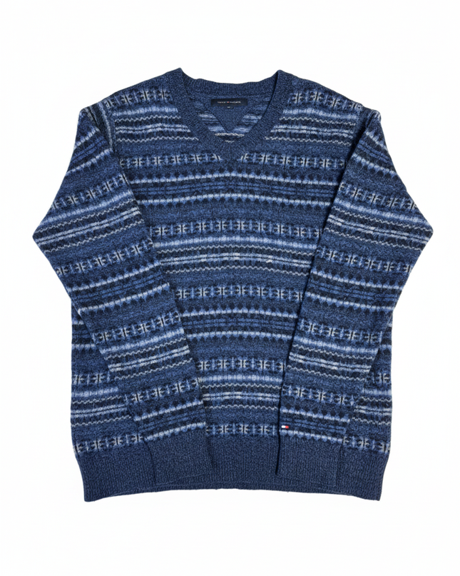 Tommy Hilfiger Blue Fair Isle Pattern V-Neck Knit Sweater