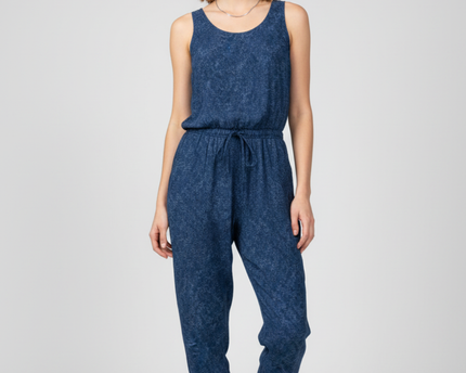 Chaps Denim Blue Leaf-Print Sleeveless Jumpsuit