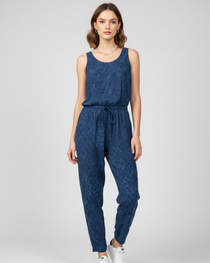 Chaps Denim Blue Leaf-Print Sleeveless Jumpsuit