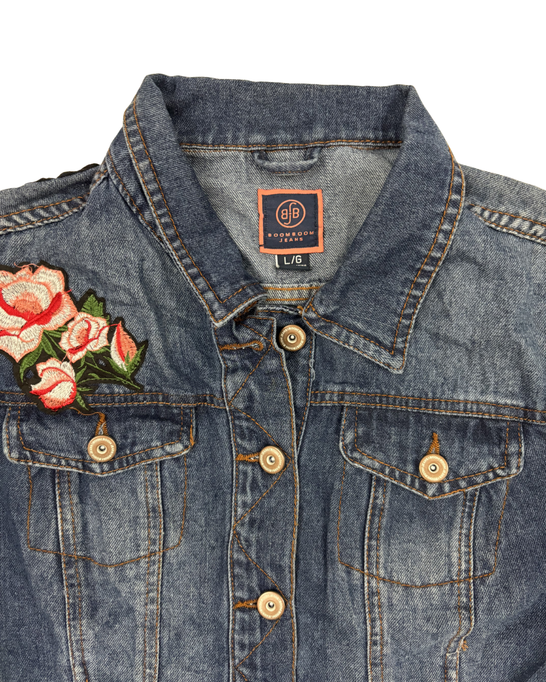 Boom Boom Jeans Rose Appliqué Embroidered Blue Denim Jacket - M