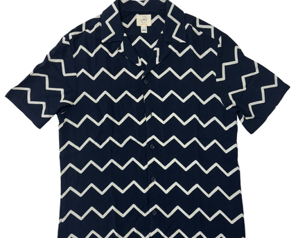 River Island Navy Blue Zig-Zag Print Cuban Collar Short Sleeve Shirt - M