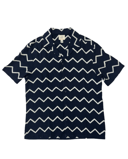 River Island Navy Blue Zig-Zag Print Cuban Collar Short Sleeve Shirt - M