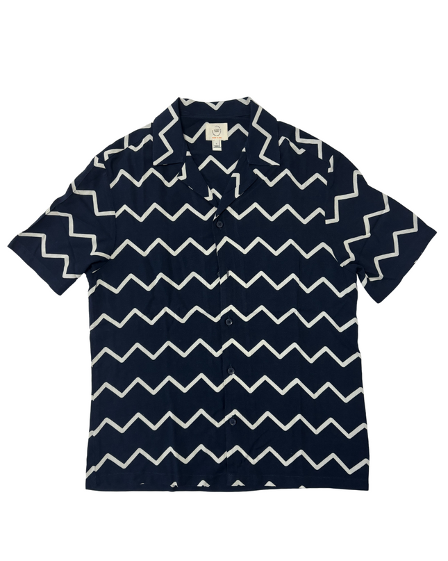 River Island Navy Blue Zig-Zag Print Cuban Collar Short Sleeve Shirt - M