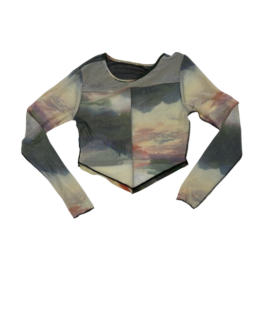 Abstract Sunset Mesh Long Sleeve Top - XXS