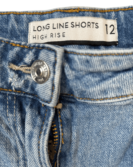 High Rise Longline Distressed Denim Shorts - S