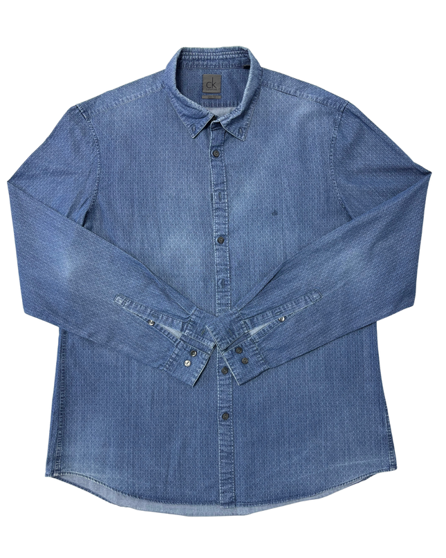 Calvin Klein Slim Fit Monogram Pattern Denim Blue Shirt