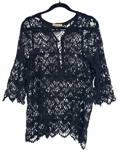 Last Girl Black Crochet Knit Button-Up Cover-Up Top - M