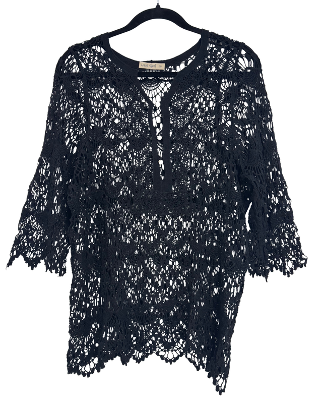 Last Girl Black Crochet Knit Button-Up Cover-Up Top - M