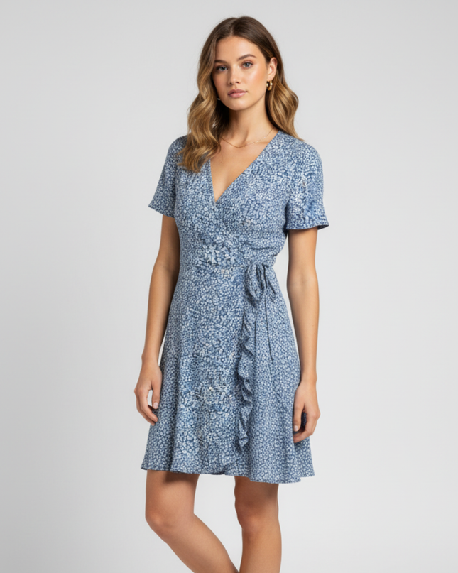 Pull&Bear Blue & White Ditsy Floral Ruffle Wrap Dress