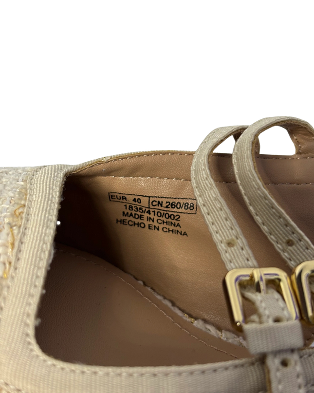 Zara Beige Tweed Slingback Block Heel Shoes