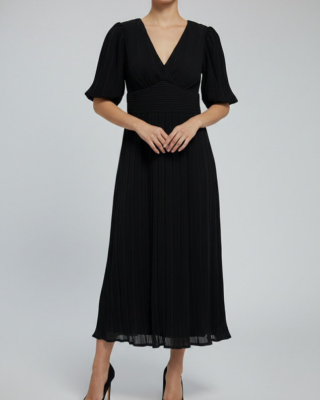 Archive Design Studio Black Pleated V-Neck Midi Dress