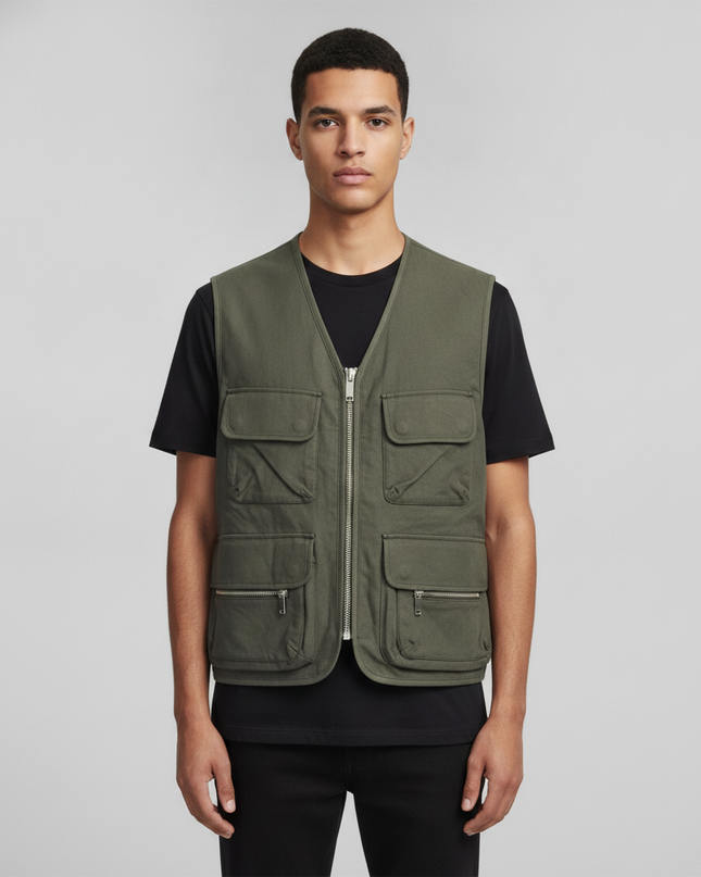 Zara Olive Green Utility Multi-Pocket Vest