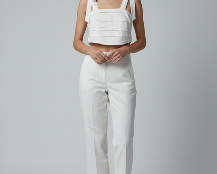 Zoie White Pleated Tie-Shoulder Crop Top