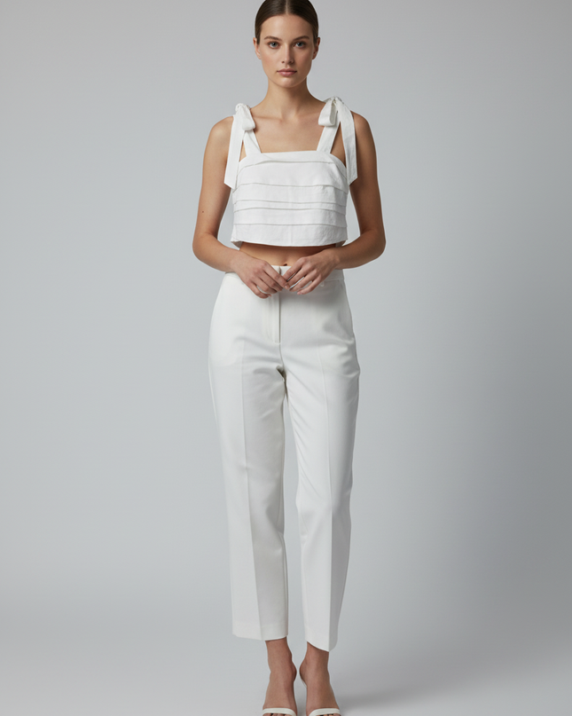 Zoie White Pleated Tie-Shoulder Crop Top