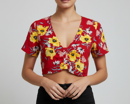 H&M Red Floral Button-Up Short Sleeve Crop Top