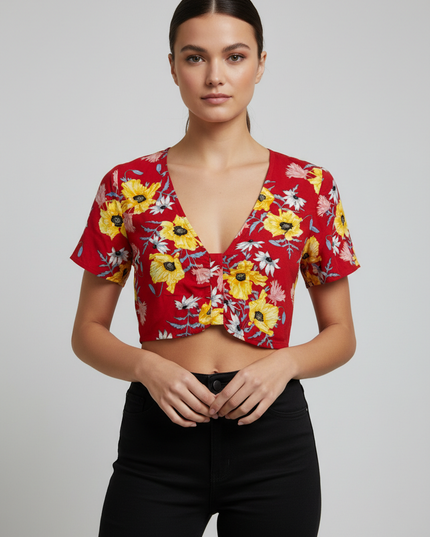 H&M Red Floral Button-Up Short Sleeve Crop Top