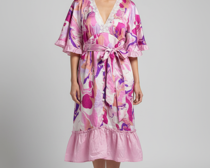ANANY Pink Multi Marble Print V-Neck Ruffle Mini Dress