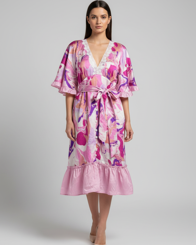 ANANY Pink Multi Marble Print V-Neck Ruffle Mini Dress