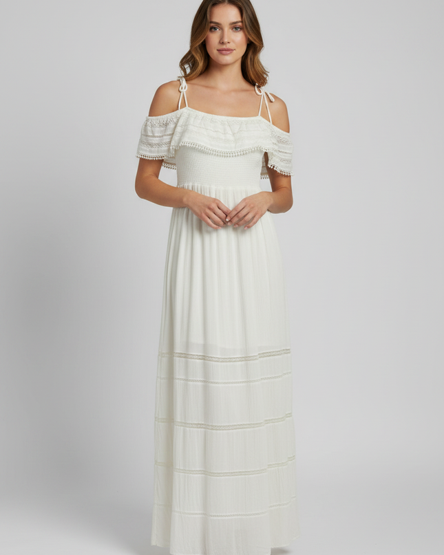 Springfield White Smocked Boho Maxi Dress