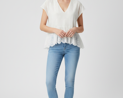 Zara White Embroidered Eyelet Peplum Blouse