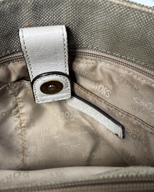 Michael Kors Khaki Canvas & Beige Leather Trim Structured Satchel Bag