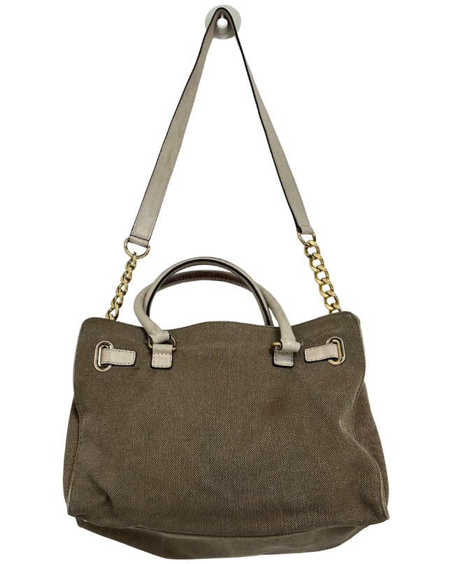 Michael Kors Khaki Canvas & Beige Leather Trim Structured Satchel Bag
