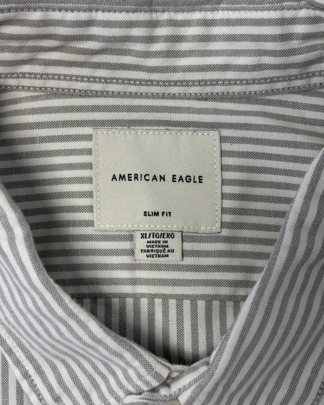 American Eagle Slim Fit Gray & White Striped Oxford Shirt