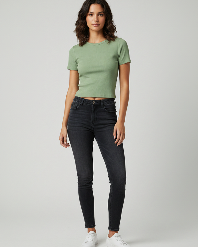 Pull & Bear Green Ribbed Short Sleeve Crop Top