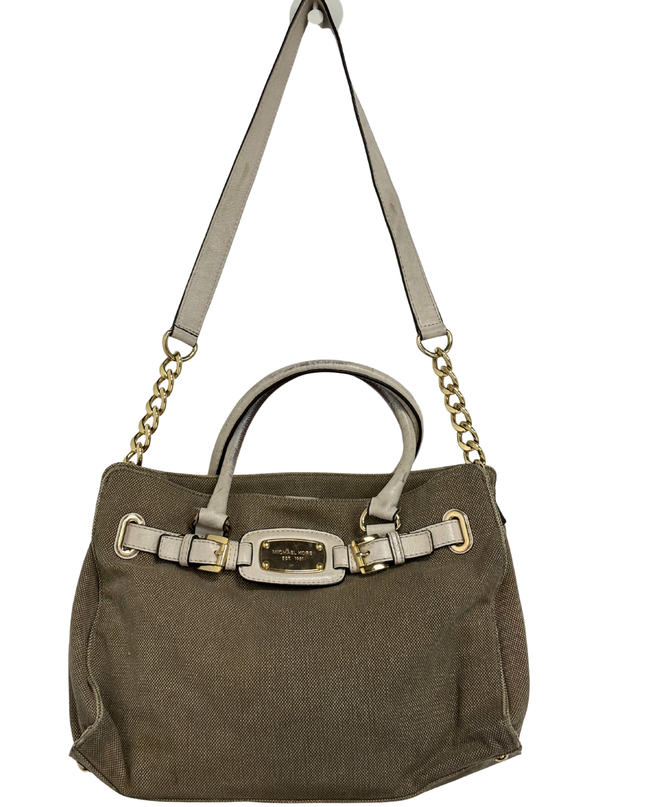 Michael Kors Khaki Canvas & Beige Leather Trim Structured Satchel Bag