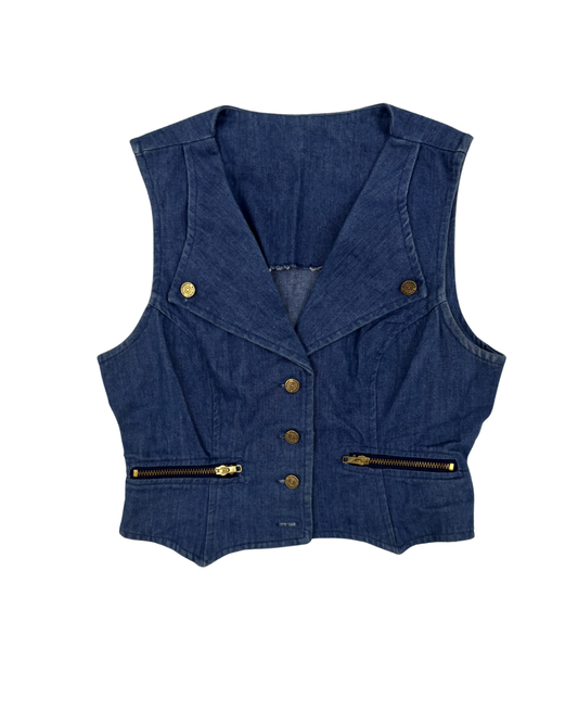 Vintage Denim Button-Up Utility With Zipper Pockets Vest  - XS