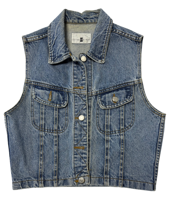 Cotton Ginny 90s Cropped Trucker Style Medium Wash Denim Vest