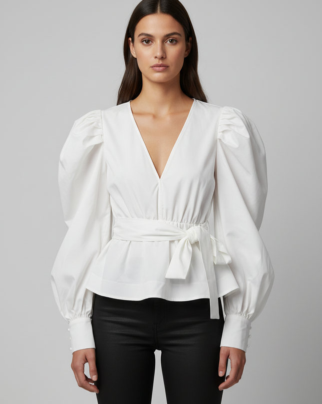 Missguided White Puff Sleeve Peplum Tie-Waist Blouse